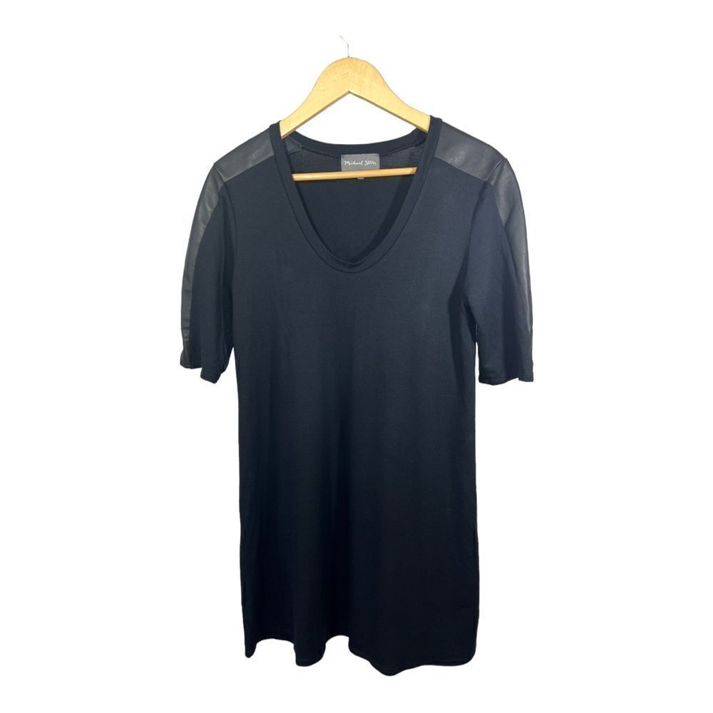 MICHAEL STARS Women’s Leather Trim Tee Shirt Mini Dress Black Size Medium